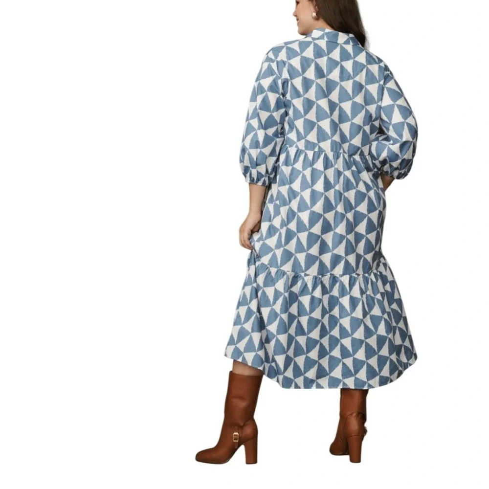 Maeve Anthropologie Bettina Tiered Shirtdress Blue White Geometric Maxi 2X Artsy - Picture 8 of 8